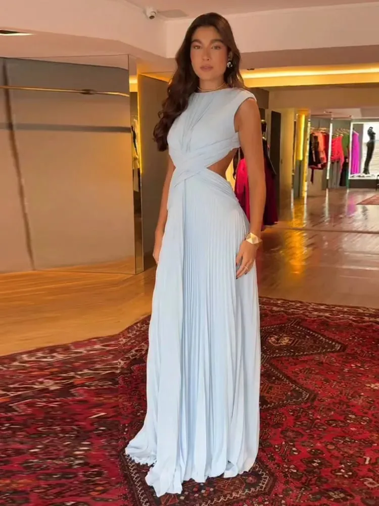 Sexy Hollow Out Long Party Dress Women Pleated Sleeveless Backless A-line Beach Dresses 2026 Summer Lady Chic Solid Holiday Robe — image 4