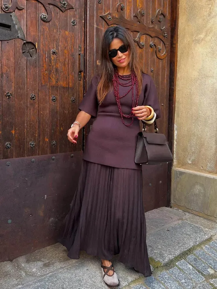 HH Mulheres Elegantes Meia Mangas Gola O Vestido Plissado Primavera Mulher Zíper Traseiro Emenda Vintage Casual Malha Vestido Longo — image 6