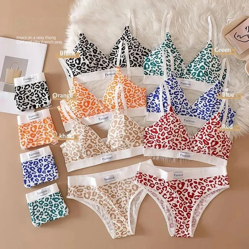 Women Seamless Bra Set Sexy Lingerie Low Waist Panties Leopard Bralette Set Vneck Sport Brassiere Female Cotton Underwear — image 3