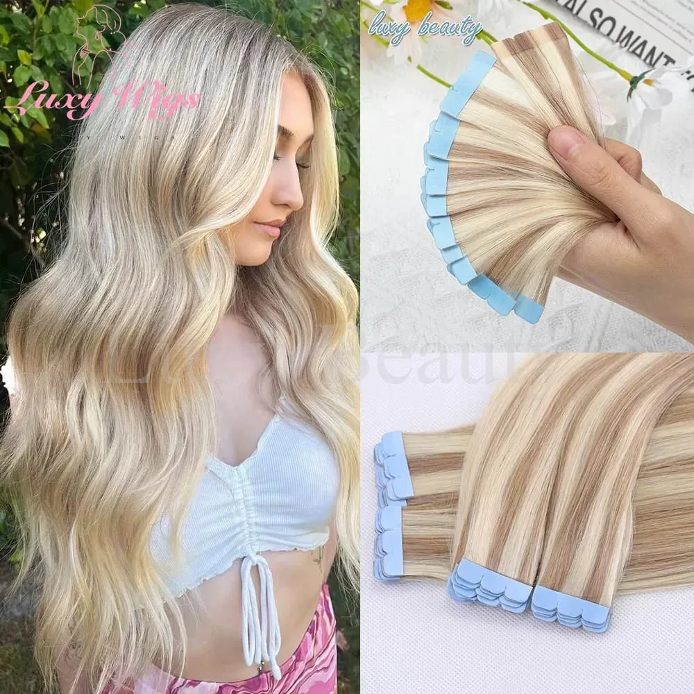 Highlights Brown Mini Tape in Human Hair Extensions Natural Black Blonde Double Side Invisible Seamless Mini Tape in Hair 10pcs