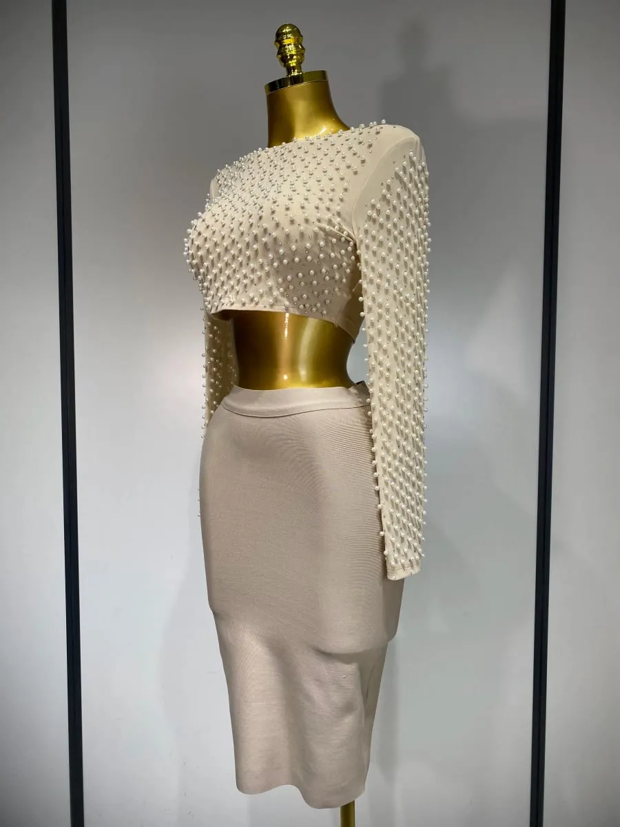 Kvinnor Sexig Långärmad Mesh Pearl Top Kändis Midi Kvinnor Bandage Set 2025 Designer Evening Party Lyx Födelsedag Tvådelad Set — image 2