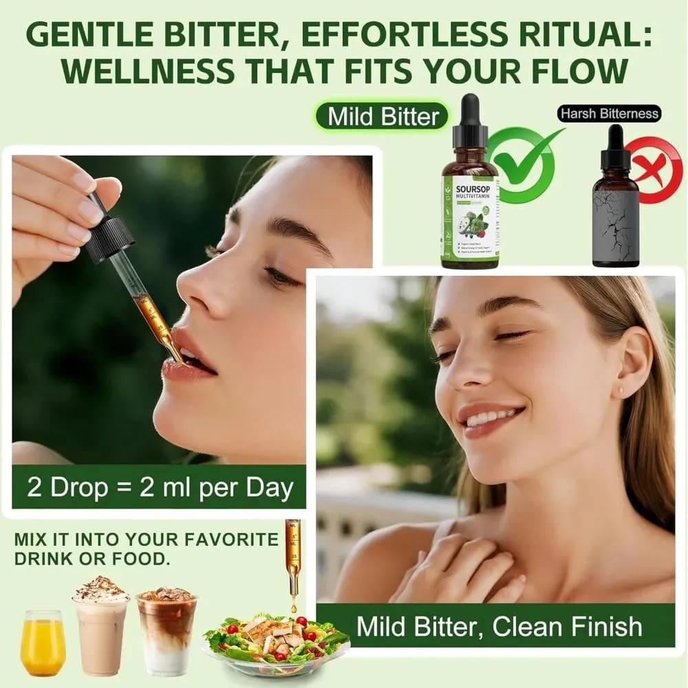 Suplemento à base de plantas de extrato de ervas em gotas líquidas de graviola com mistura de frutas e folhas de graviola, fórmula diária de bem-estar vegano — image 6
