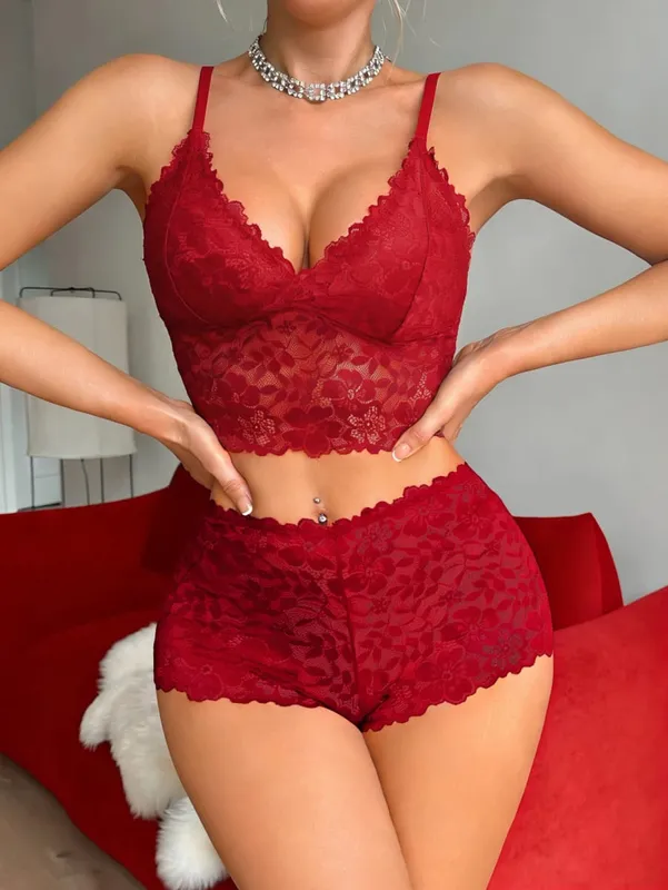 Sexy Lace Women's Underwear Set Wireless Unlined Bra Breathable Sheer Panties Solid Lingerie Set — image 8