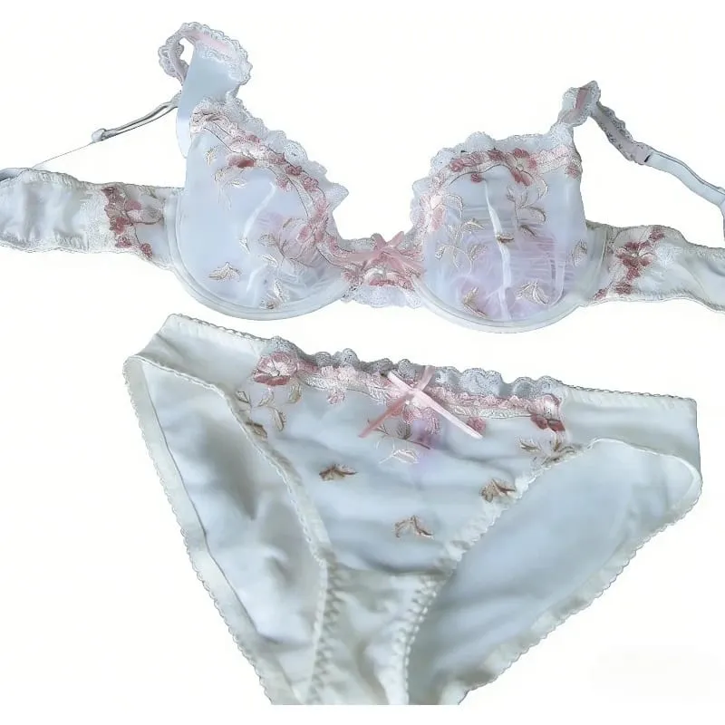 French Style Unlined Bra Set | Minimizer Lace Half Cup for Large Cup Size No Padding Thin Sheer Anti-Sagging Lingerie BANERDANNI — image 3