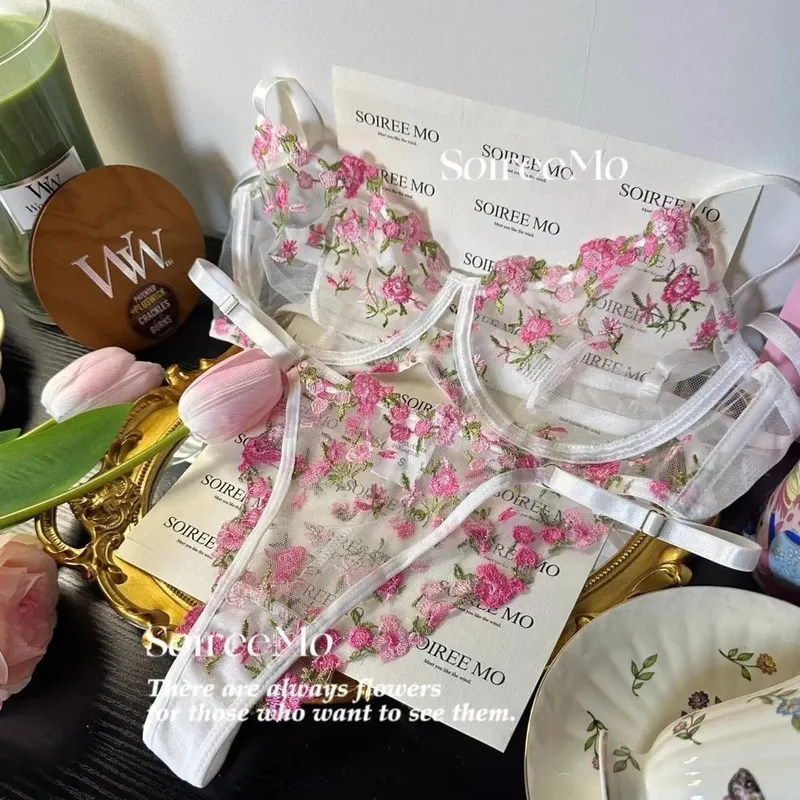 Pink Floral Lingerie Set Tulle Bra Embroidered Bralette Sweet Sexy Christmas Gift for Her Valentine Present CA S-XL MOYISU Tushy — image 12