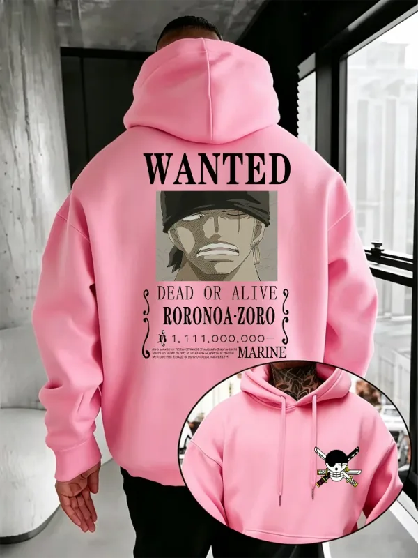Bandai One Piece Mens Hoodie New Autumn Winter High Quality Warm Pullover Featuring Zoro Wanted Poster Print Casual Style — image 9