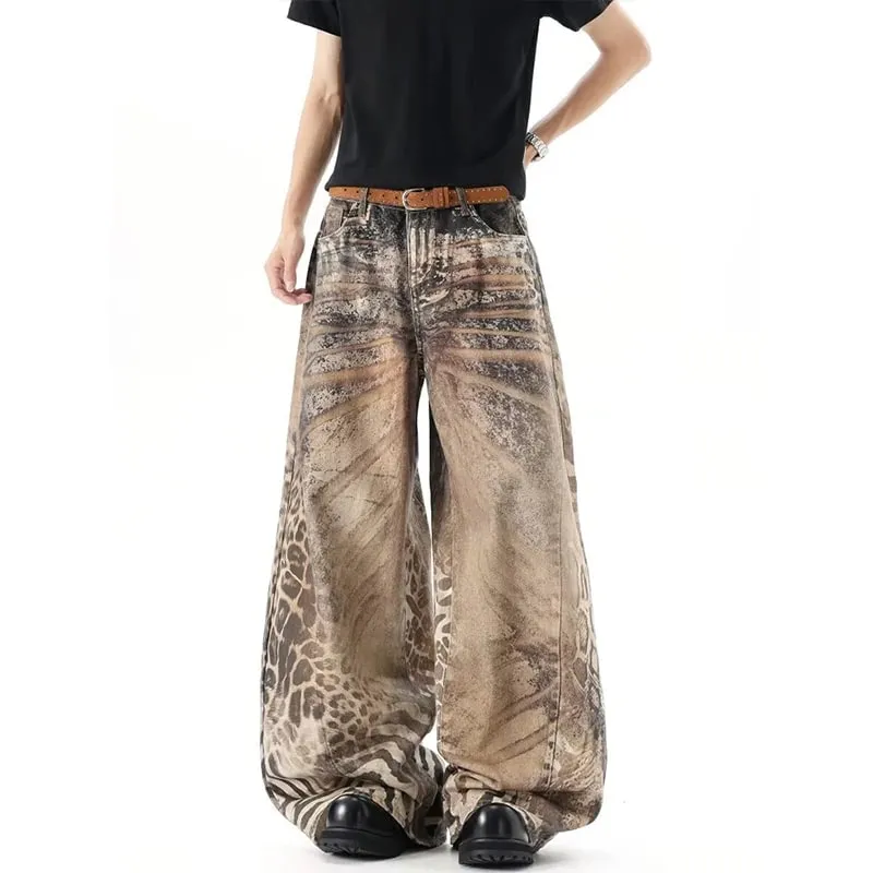 Washed Brown Distressed Leopard Printed Loose Men's Jeans Streetwear Casual Wide Leg Denim Long Pants Summer New
