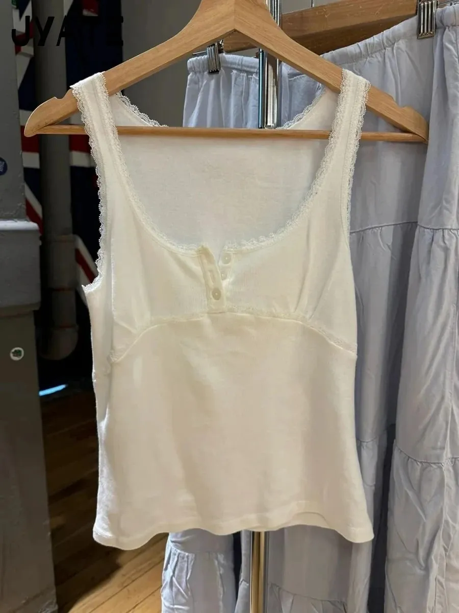 Sweet Lace Patchwork Slim Tank Tops Dam Sommar Vit Sexig Enkel Bomull Mjuka ärmlösa västar Kvinna Vintage Chic Y2K Camisole — image 12