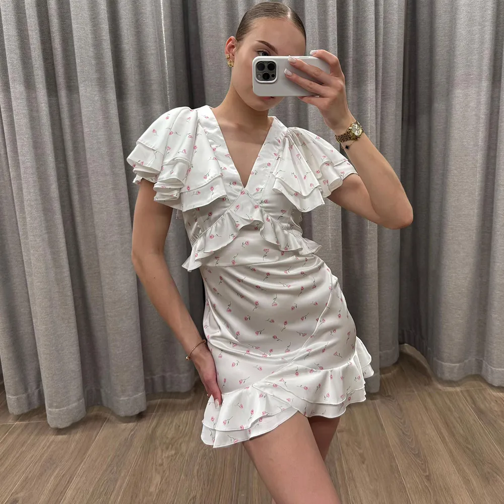 Talenza Elegant Printed Ruffle Dress Women's Summer Fashion Contrast V-Neck Patchwork Dress Vintage Party Women's Casual Dress — image 3