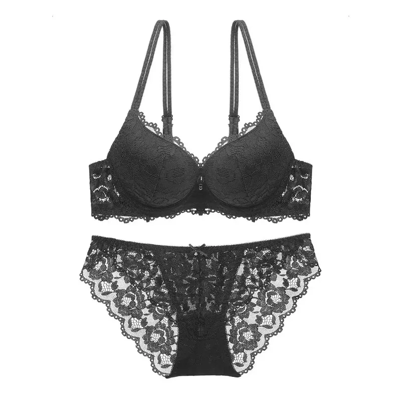 Fashion Mesh Lace Flower Bra Bowknot Low Waist Push Up Bra Women Non Slip Lingerie Seamless Underwear Set Beach