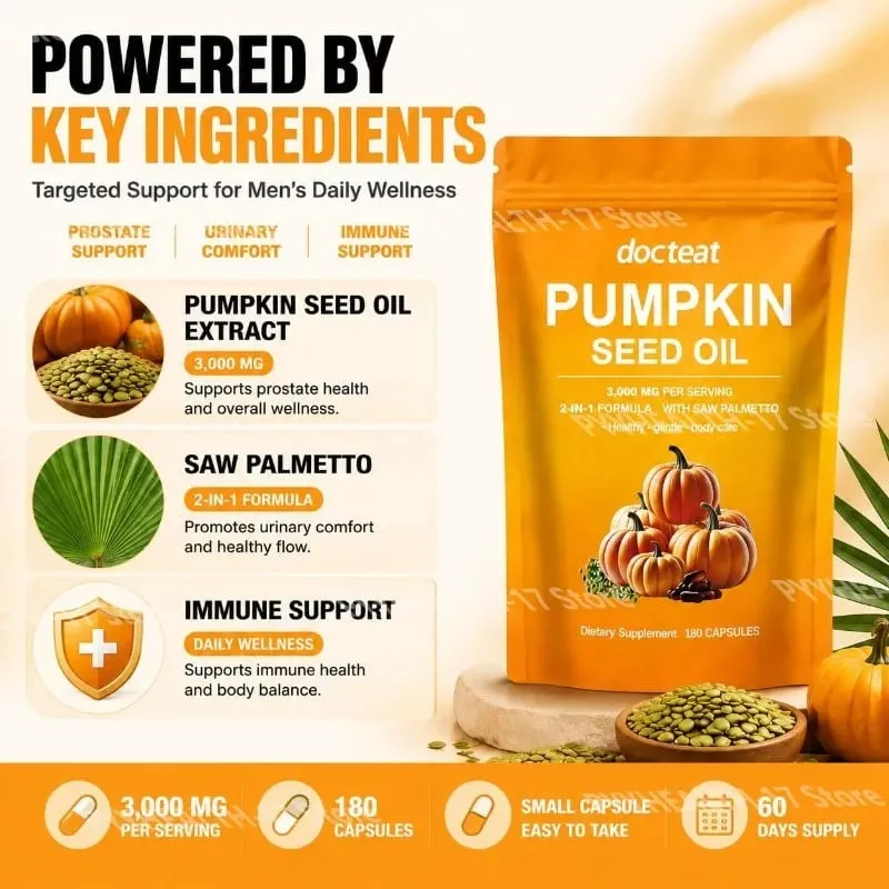 Docteat Pumpkin Seed Oil Capsules 2-in-1 with Saw Palmetto for Urinary System Comfort Support 3 000 Mg Per Serving 180 Capsules — image 3