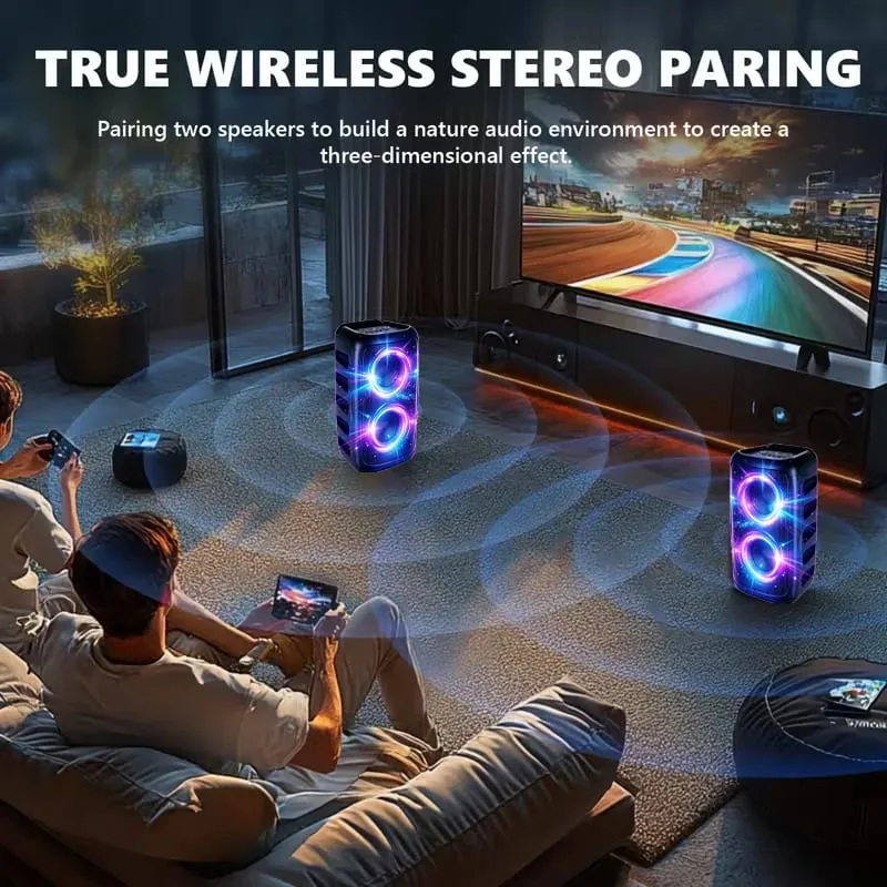 Alto-falante Bluetooth profissional grande de 9900 Hz com microfone Design portátil com subwoofer Party Box Luzes LED Compatível com BT / USB / TF / AUX / FM / TWS / MIC / EQ Funções Karaokê profissional. Presente ideal para aniversários, Natal e Ano Novo — image 6