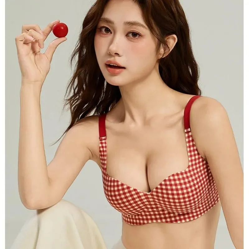 Seamless One-Piece Plaid Bra Set Gathers Small Breasts Makes Them Look Bigger Lifts Comfortable Wireless Underwear Set — image 5