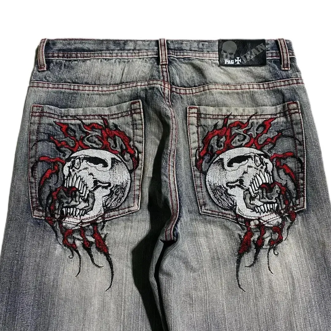 Streetwear Y2K Punk Retro Gothic American Classic Embroidered Jeans Men Women Brown Punk Loose Oversized Trousers Straight Jeans — image 9