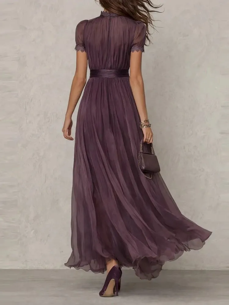 Vintage Solid Lace A-Line Long Dress Women's O Neck High Waist Pleated Party Dress Summer Short Sleeve Flowy Maxi Dresses