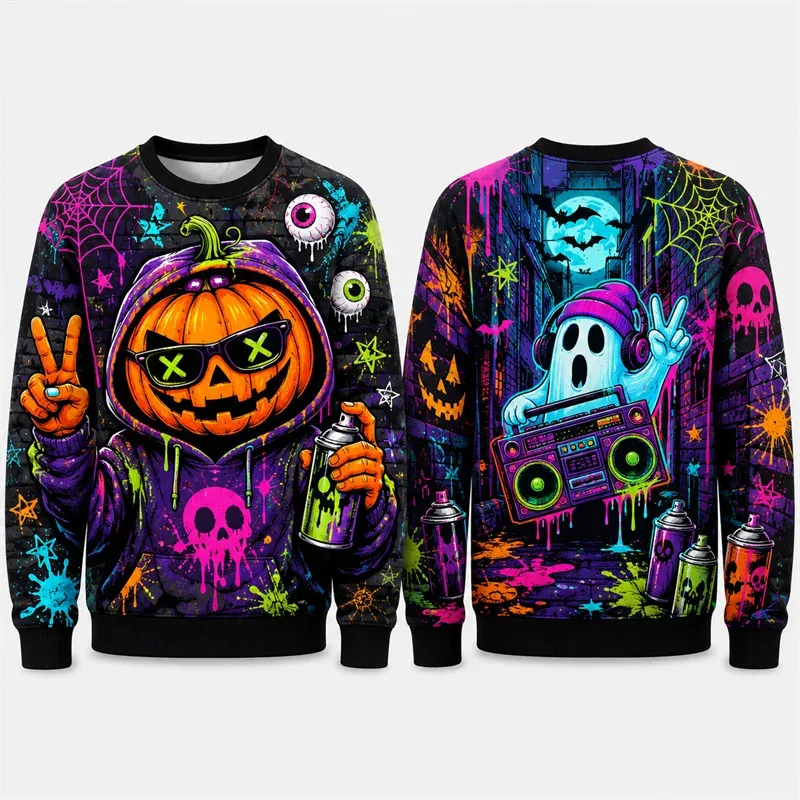 Pumpkin Ghost Graffiti Sweatshirt Halloween Mens 3D Print Polyester Crew Neck Long Sleeve Hip Hop Fashion Pullover Oversized Fit — image 5