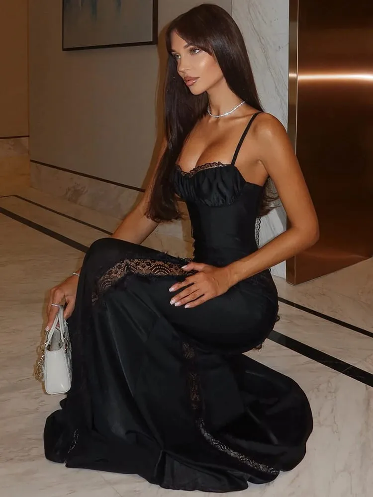 Mozision Spaghetti Strap Backless Sexig Maxiklänning Damklänning Spets Patchwork Skirt ärmlös Bodycon Club Party lång klänning — image 5