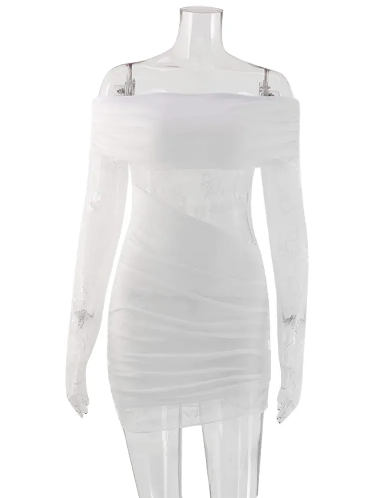 Slash Neck Spets Patchwork Hip Wrap Klänningar Kvinnor Långärmad Slida Mode Festkläder Solid Chic Hot Girl Sexy Club — image 6