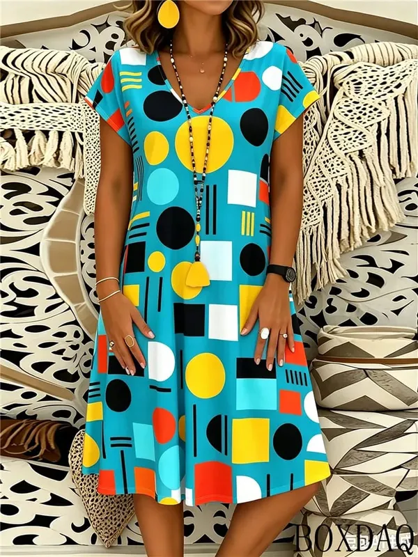 2026 Summer Fashion Geometric Pattern Printed Women's Dress Short Sleeve V-neck Casual Dresses