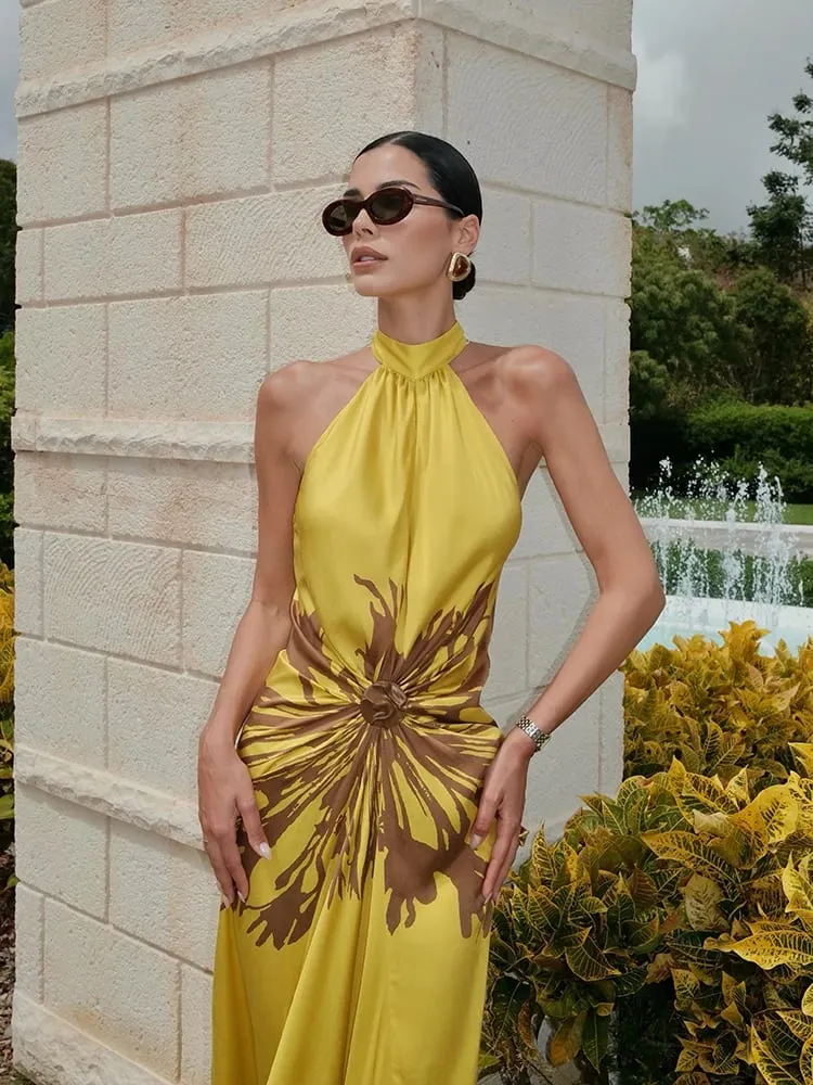 2026 Summer Printed Halter Maxi Dress Women Sleeveless Pleated Chic Satin Long Dresses Fashion Vacation Beach Party Lady Robe — image 3