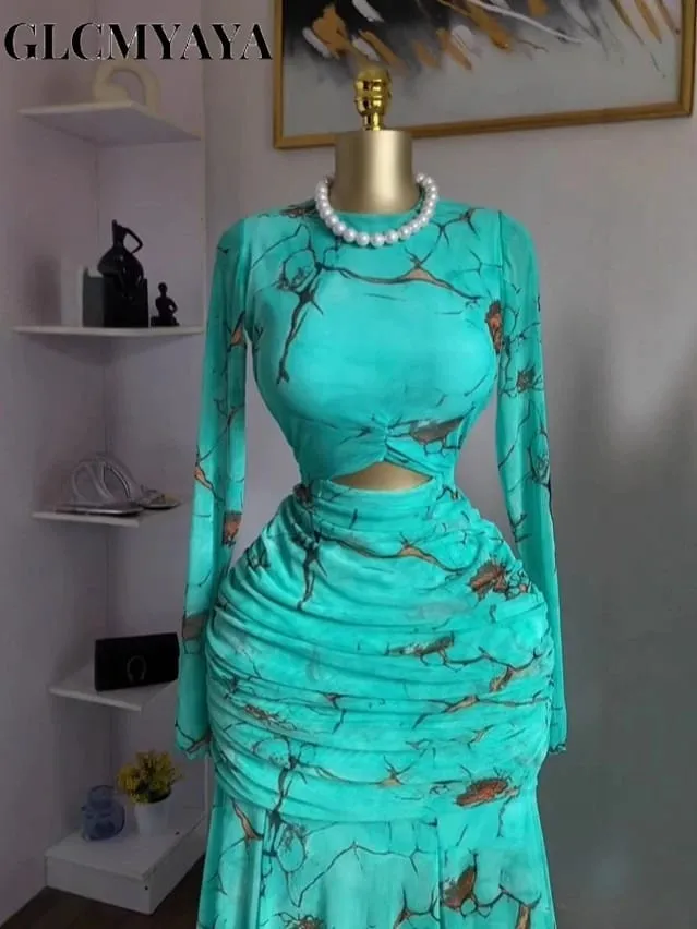 2025 Fall Women O-neck Long Sleeve Print Mermaid Maxi Dress 2025 Evening Birthday Beach Sexy Night Party Long Dresses