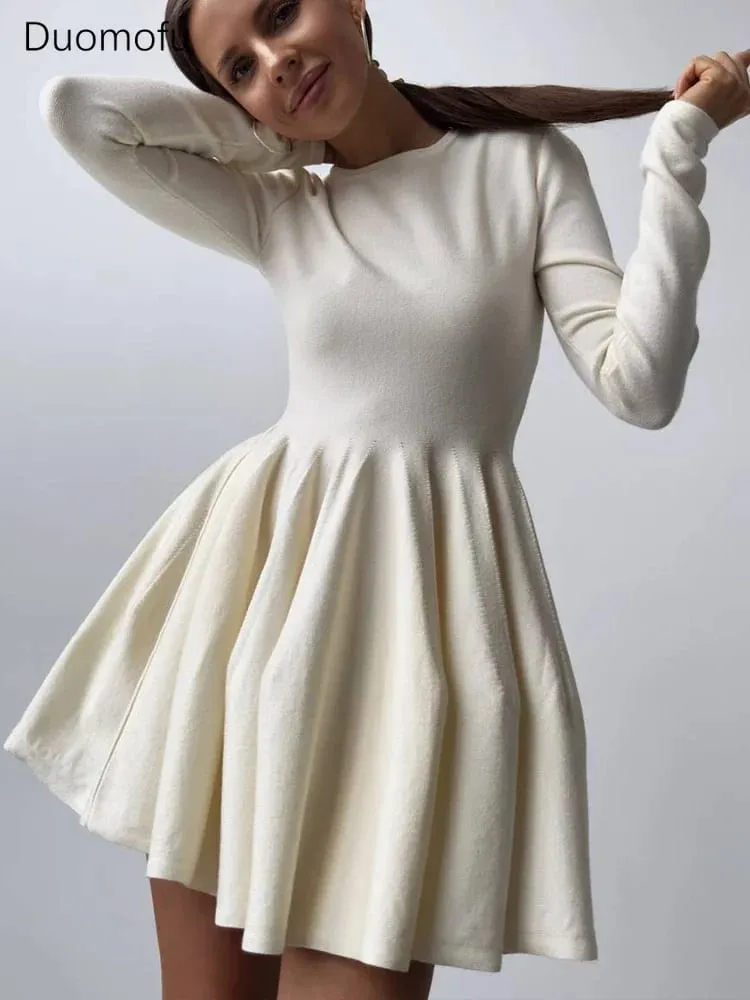 Duomofu Knit Mini Kjoler Kvinder Efterår Vinter Langærmet Sweater Kjole Kvinde Elegant Mode Slim A Line Plisseret Kjole Vestido