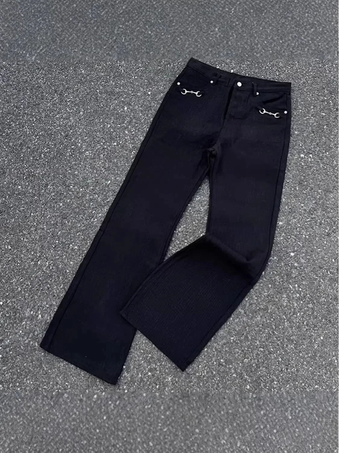 American Retro Buckle Design Spring Autumn Washed Black Micro-Flare Jeans Men High-Waisted Hip-Hop Loose Wide Leg Jeans Unisex