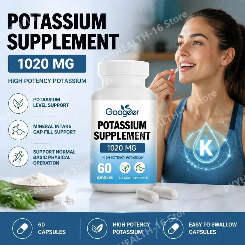 Googeer Potassium Capsules 1020 Mg High Potency Potassium Level Support Mineral Intake Gap Fill Bioavailability 60 Capsules — image 1