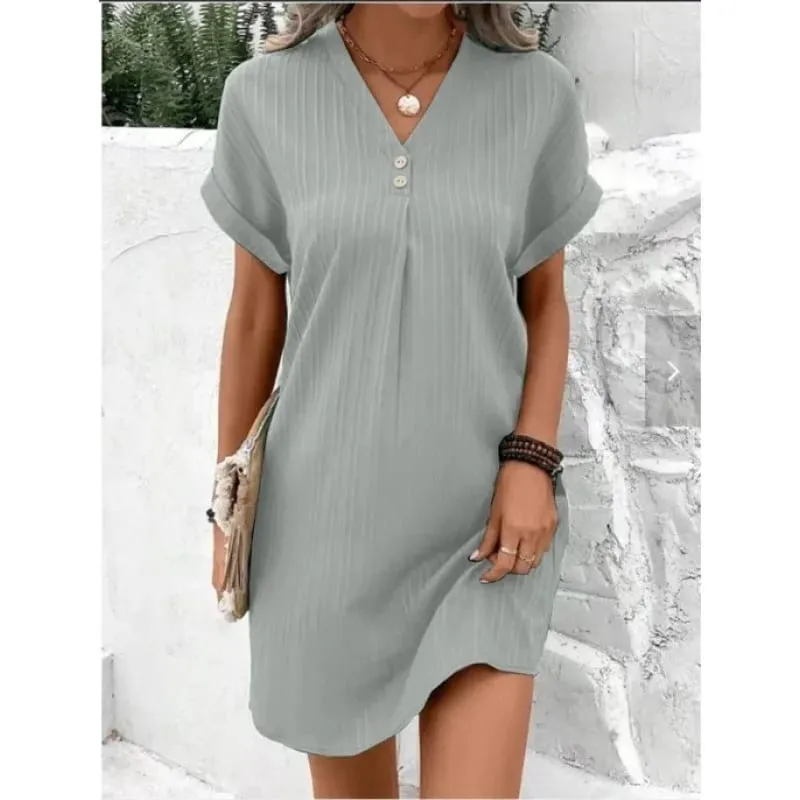 Women's Summer Solid Color Simple Short-Sleeve V-Neck Shirt Dress Comfortable Casual Elegant Loose-Fit Dress with Button Desig — image 8