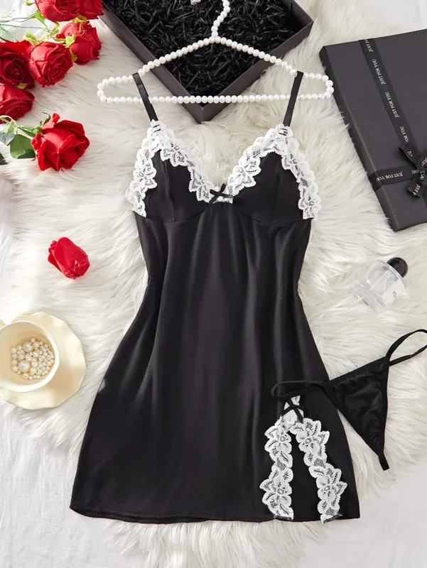 Conjunto de lingerie feminina, camisola de renda, roupa de dormir sólida, slim, macia, roupa de dormir e tanga — image 8