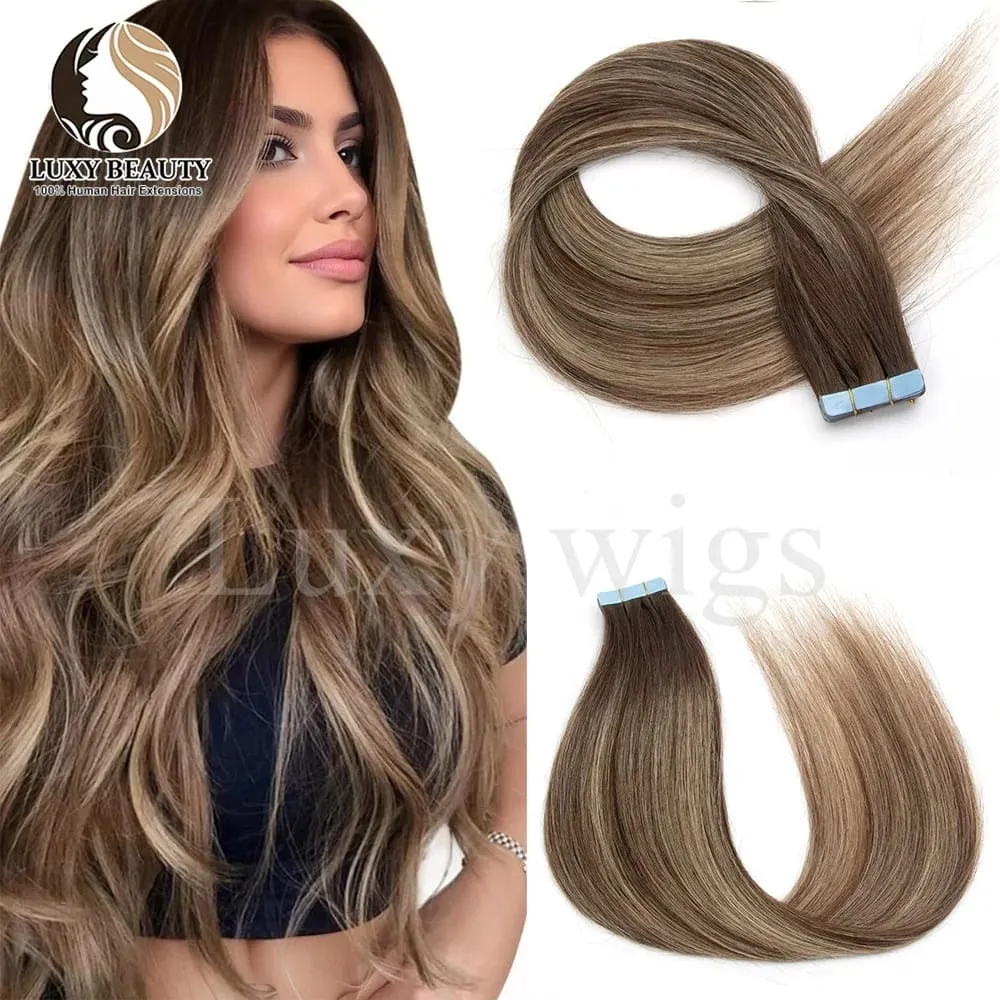 Highlights Brown Tape in Hair Extensions Human Hair Straight Black Blonde Seamless PU Skin Weft Tape In Hair Extensions 20PCS