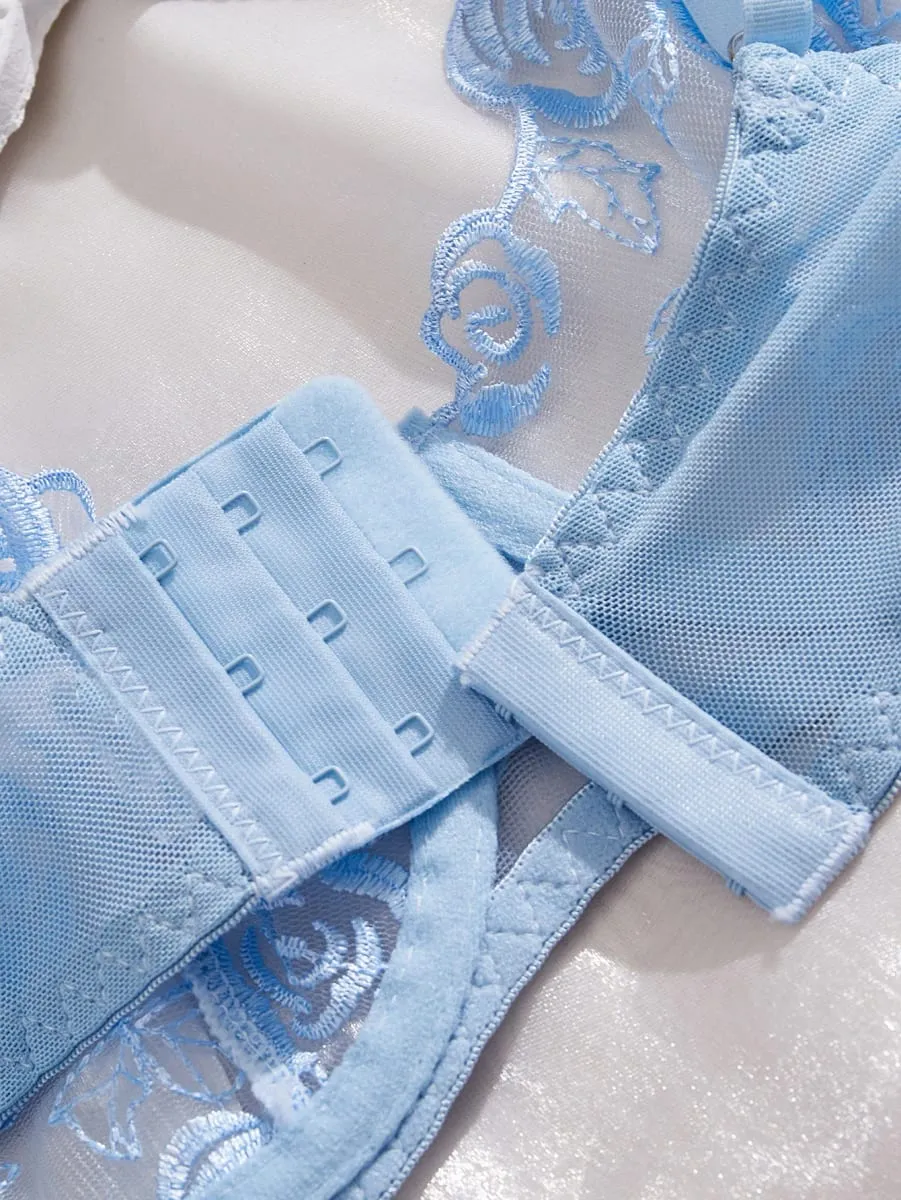 Light Blue Floral Rose Embroidered Mesh Lingerie Set Underwire Bra Thong Women Exotic Underwear Sexy Intimates Sleepwears