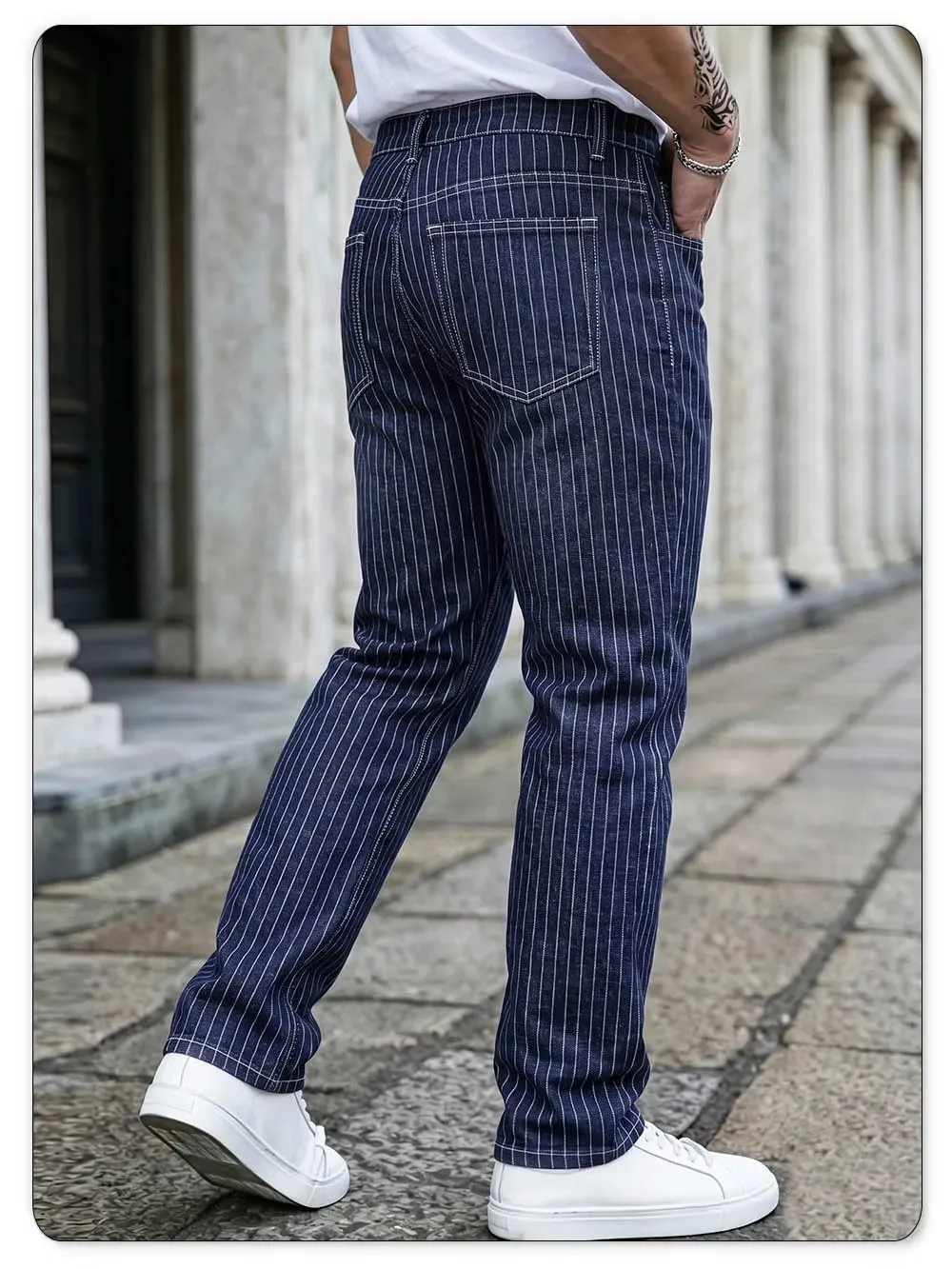 Light Luxury Blue White Striped Jacquard Slim Elastic Fit Straight Leg Jeans Business Casual Style Commuting Denim Pants — image 4