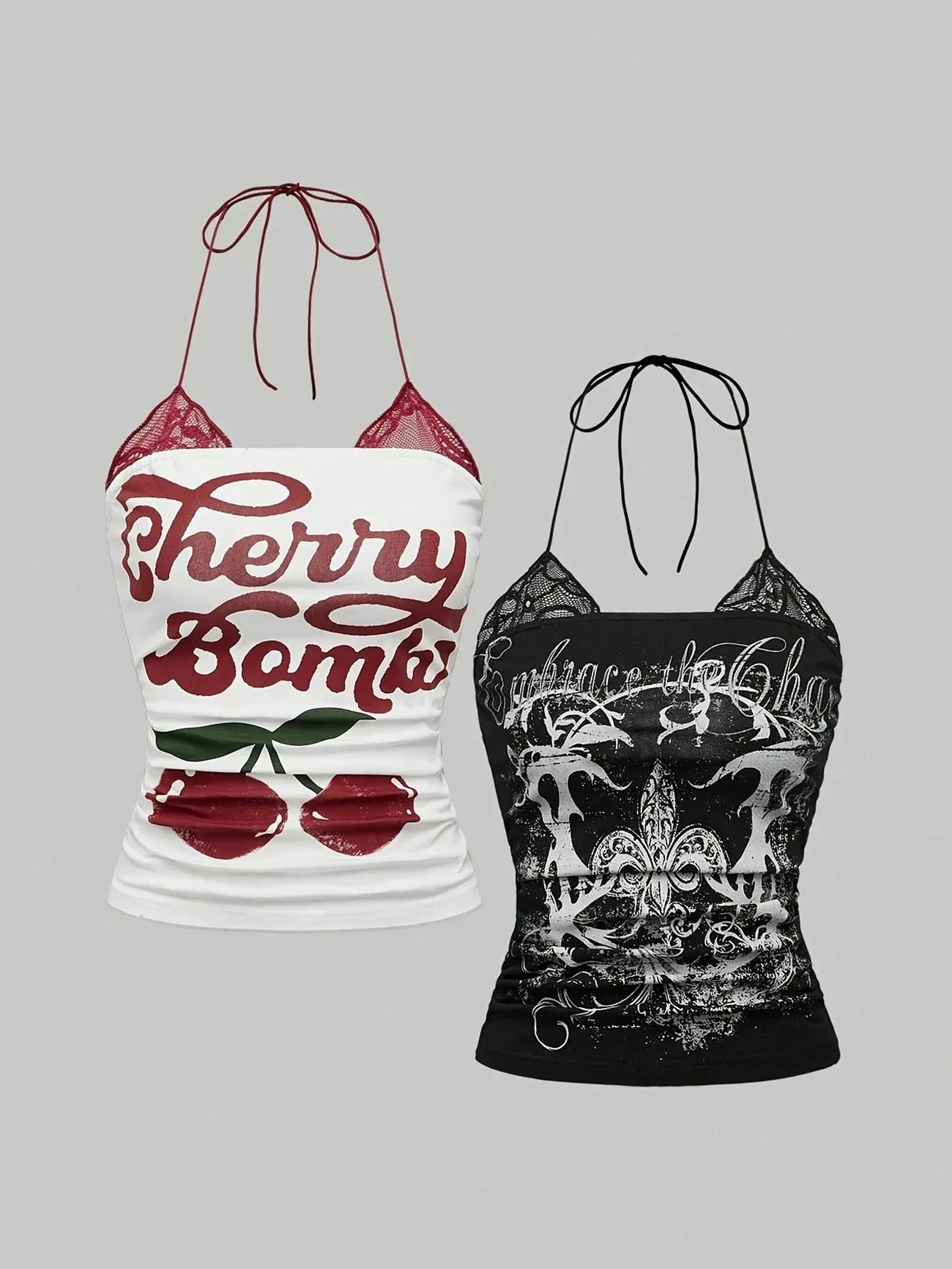 2 Pack Y2K Lace Halter Cami Top Women Cherry Vintage Print Ruched Slim Tie Back Sleeveless Streetwear Tank Camisole