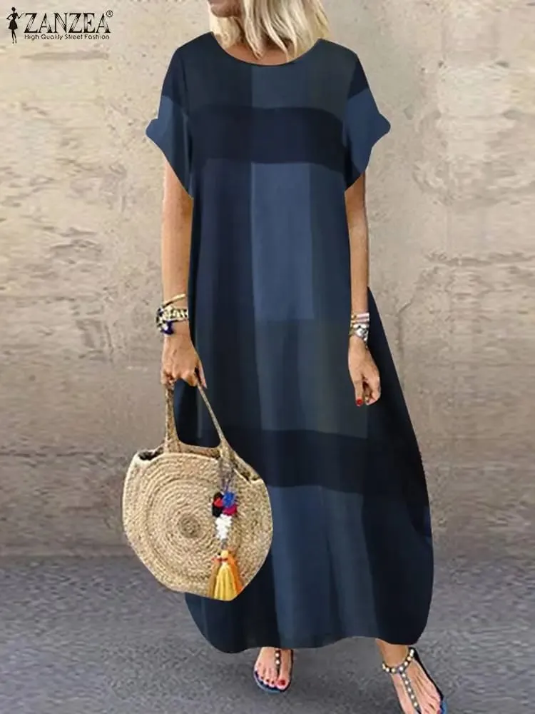 Boêmio xadrez verificado vestido de verão manga curta vestido longo moda férias festa femme casual solto robe 2025 — image 2
