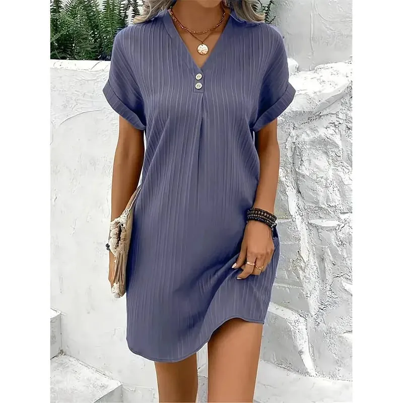 Women's Summer Solid Color Simple Short-Sleeve V-Neck Shirt Dress Comfortable Casual Elegant Loose-Fit Dress with Button Desig — image 9