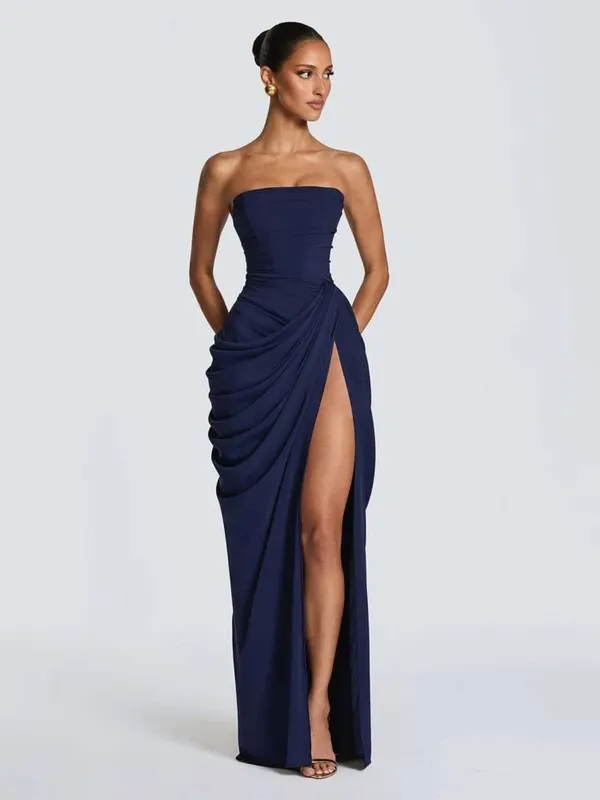 Elegante amarelo sem alças plissado vestido longo feminino chique sólido sem mangas cintura cinching split vestido 2026 senhora festa de noite robes — image 9