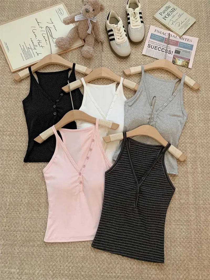 zjaiss Fashion Slim Fit Tank Top 2026 Summer V-neck Button Women Cami With Built-in Bra Pad Casual Basic Inner Top — image 11