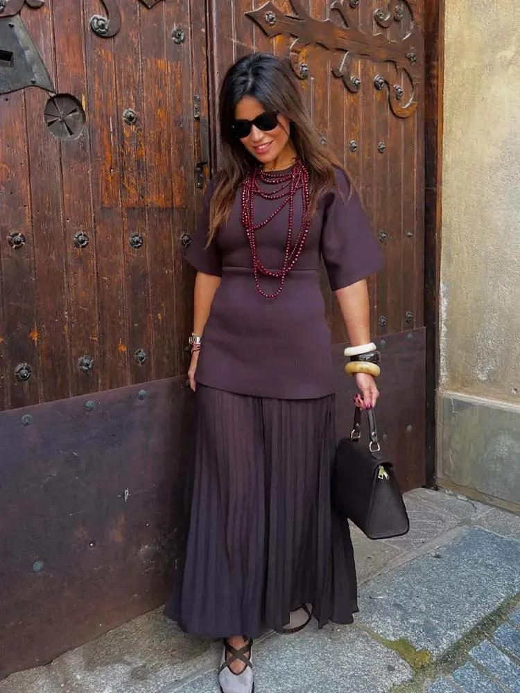 HH Mulheres Elegantes Meia Mangas Gola O Vestido Plissado Primavera Mulher Zíper Traseiro Emenda Vintage Casual Malha Vestido Longo — image 7