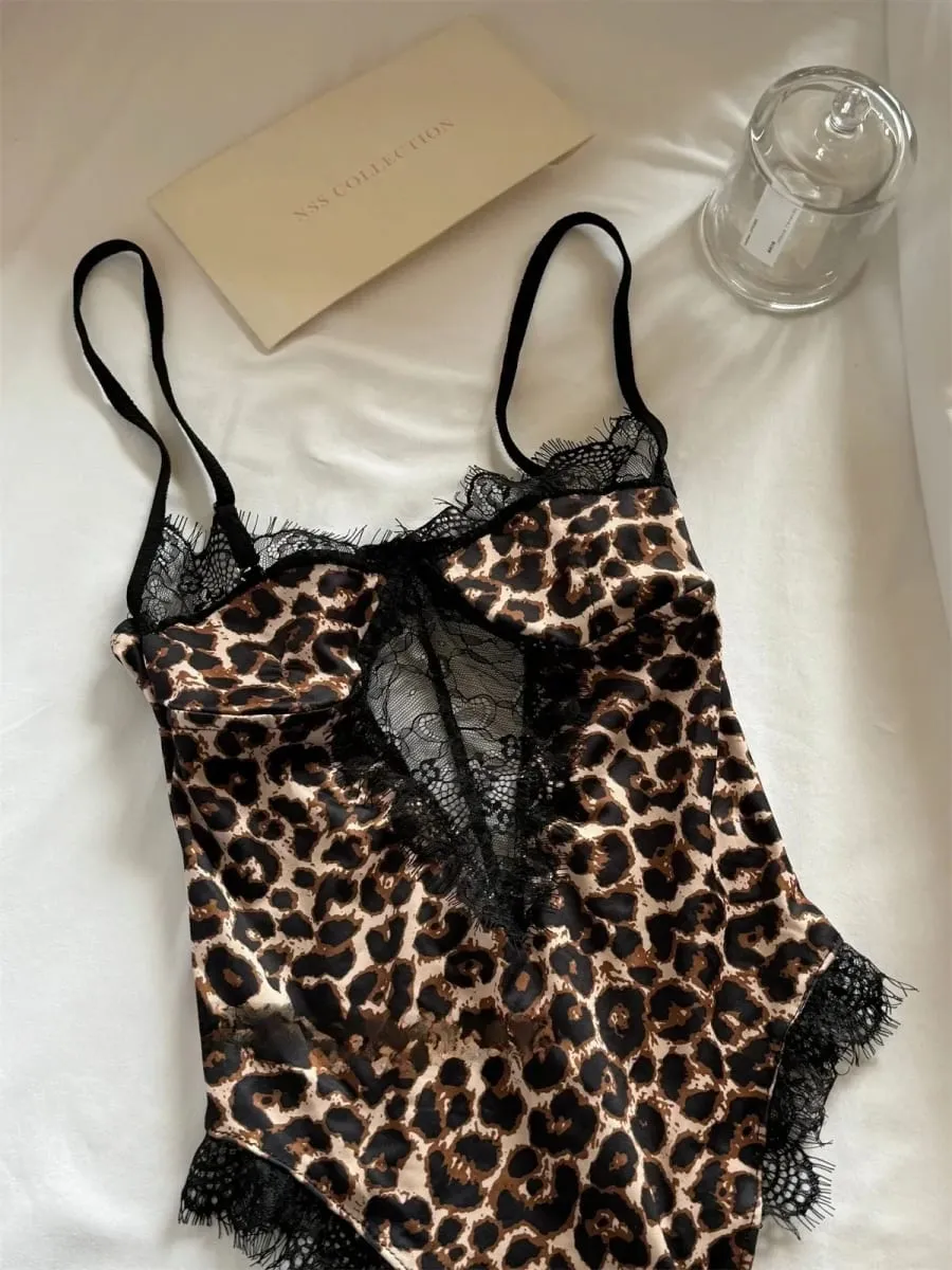 Sexy Leopard Print Halter Bodysuit for Women Thin Stretch Lace Lingerie One-Piece with Hanging Neck — image 6