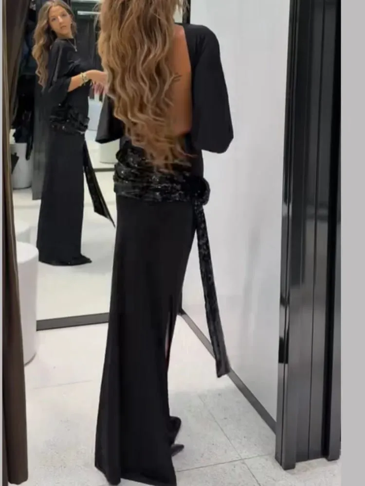 Sequin Patchwork Backless Dress Women Elegant Solid Middle Sleeve Cinched-waist Slim Long Dresses Fashion Evening Party Vestidos