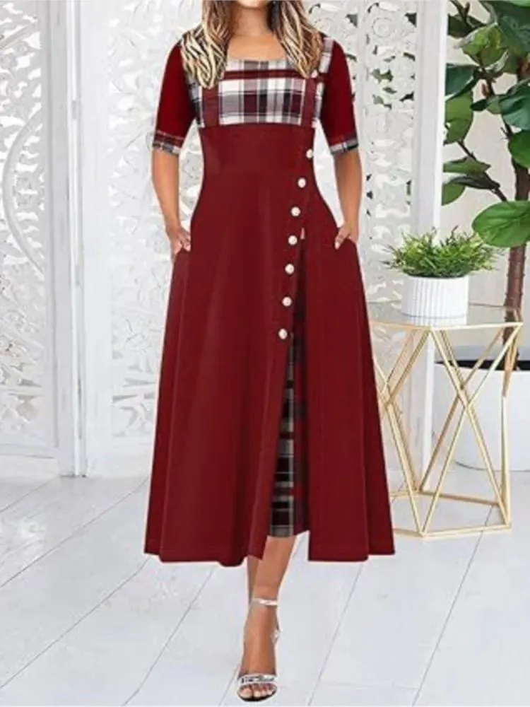 Pambabaeng Irregular Lattice Patchwork Long Dresses Vintage Buttons O Neck Half Sleeves Casual Lady Commuting Dress Fashion — image 5