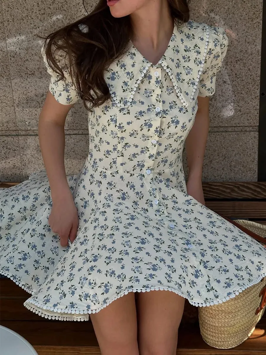 Bornladies 2026 Summer New Floral Short Sleeve Dress Women's Elegant Slim Fit Sweet Button Front Puff Sleeves Mini Dress — image 5