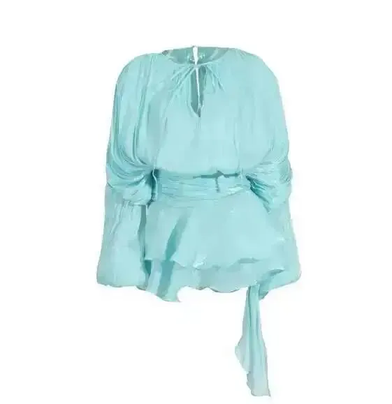 2026 nova moda verão roupas femininas em torno do pescoço lanterna mangas cetim vestido curto com shorts sob duas peças conjunto — image 12