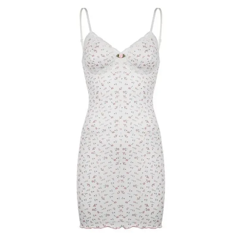 Fashion Lace Trim Women's Dress Slim Fit Sleeveless Camisole Dress Comfortable Floral Print One-piece Jumpsuit Summer