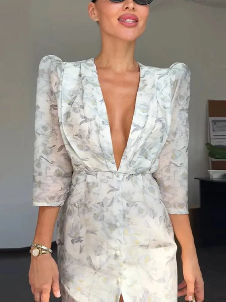 Elegant tryckt damklänning Organza Djup V-ringad Halvärmad midja Klänningar med plisserade plisseringar 2026 Summer Lady Holiday Party Robe — image 3