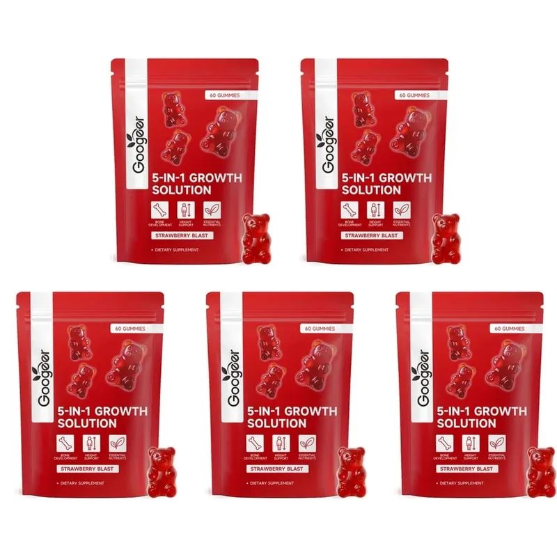 Googeer 5-IN-1 Growth Solution Gummies for Bone Development & Height Support Vitamin D3 K2 Calcium Strawberry Blast 60 Gummies