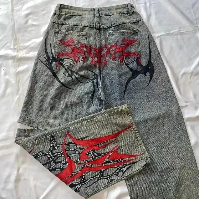 American Y2K Hip Hop Fashion Trend Skull Embroidery Spot Jeans Men Street Loose Straight Wide-leg Pants Couple Oversized Jeans — image 8