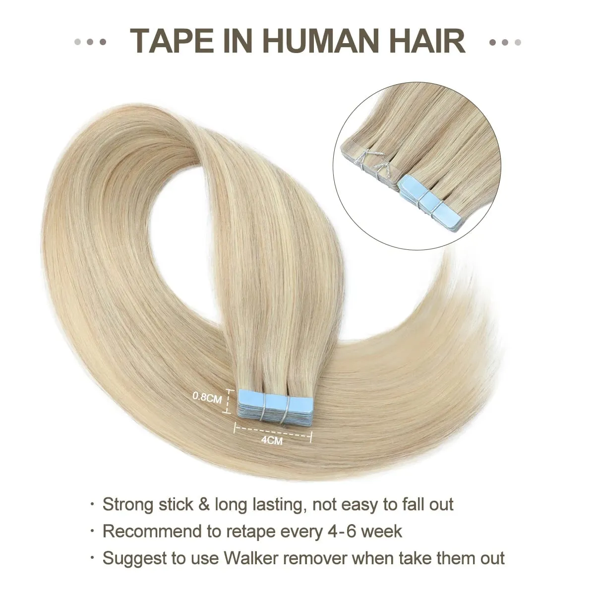 Tape in Hair Extensions Human Hair Blonde Seamless Tape Hair Extensions 4x0.8cm Skin Weft PU Tape On Hair 20PCS 12"-22"