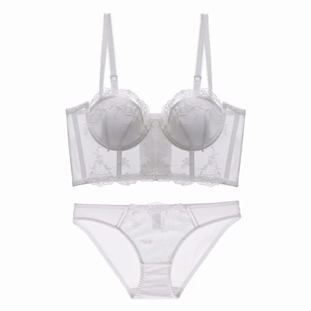 Espartilho francês espinha de peixe, conjunto de lingerie de renda feminina, sutiã fino push-up, menos busto, suporte lateral, roupa íntima 32-38